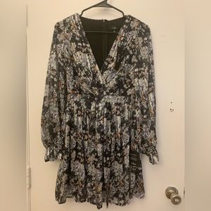 Lulus Cute and Charming Black Floral Lirex Long Sleeve Mini Dress, size XS